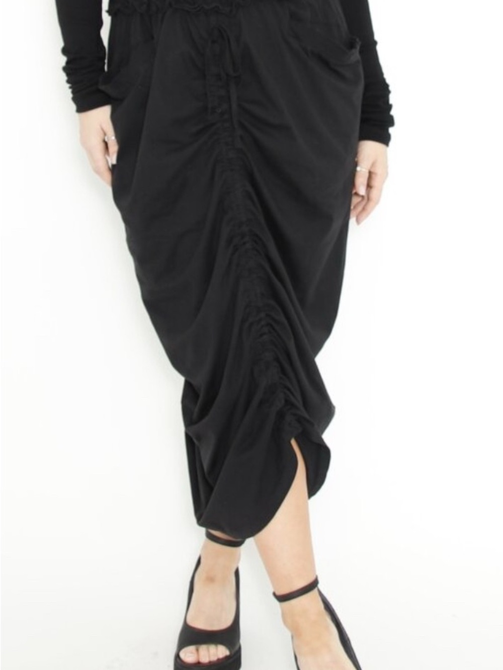 100% Organic Cotton Black Ruched Midi Skirt by Sort Aarhus- Women size Small